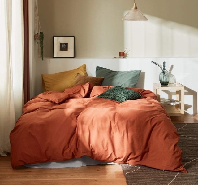 sage green and terracotta bedroom